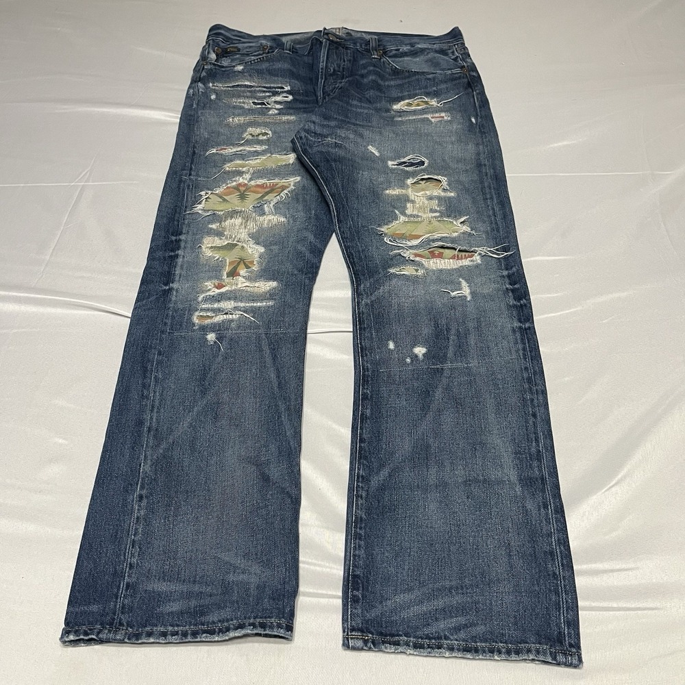 Polo Ralph Lauren Sullivan Slim Aztec Patch Jeans 34x30 Distressed Patchwork